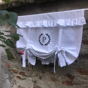 White Tie Up Curtain Monogramed Farmhouse Pull Up Shabby Valance French Country Living Room Blind Cottage Country Custom Size Lined Shade