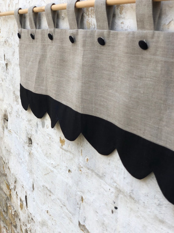 Linen Curtains Cottage Kitchen Scalloped Valance Black Rustic Etsy