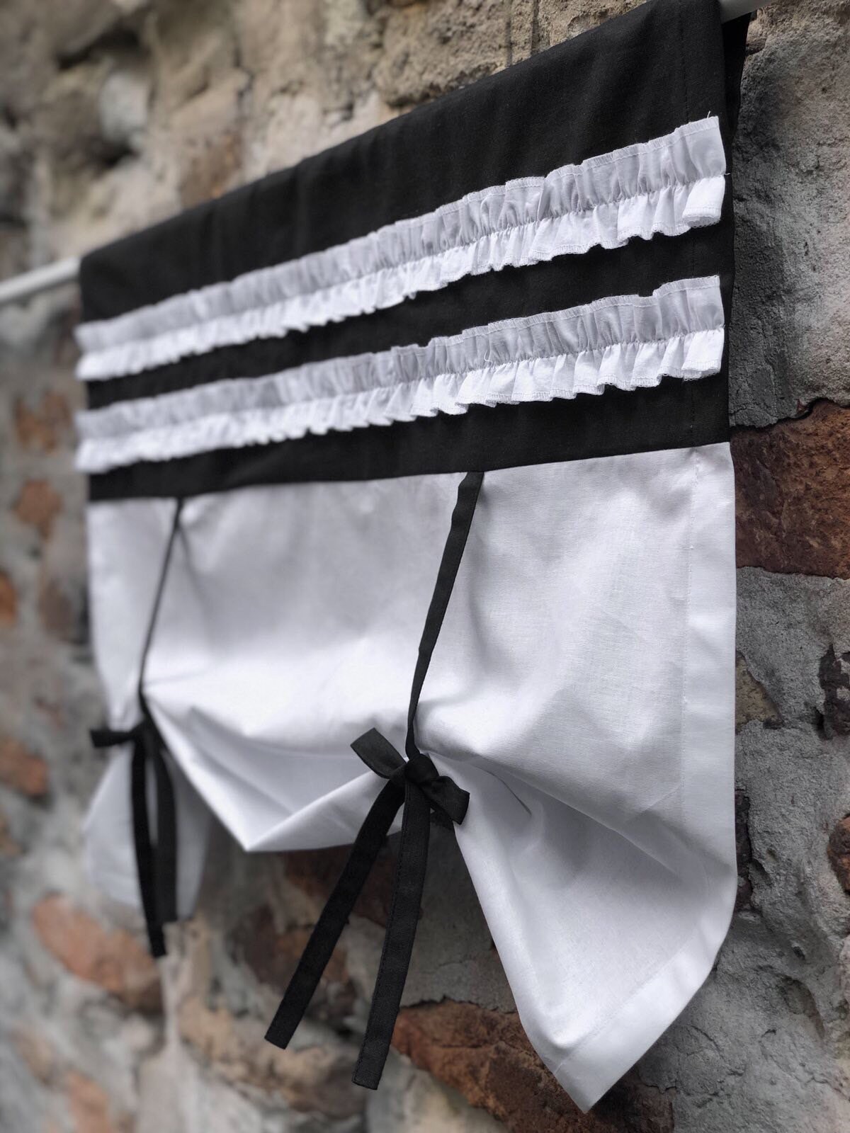 Black and White Valance Ruffled Curtains Cottage Kitchen Tie up ...