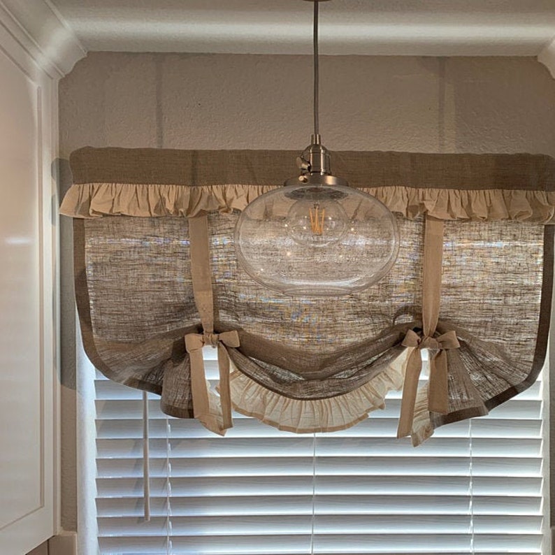 Linen Curtains Ruffled Country Kitchen Tie Up Valance Rustic Etsy
