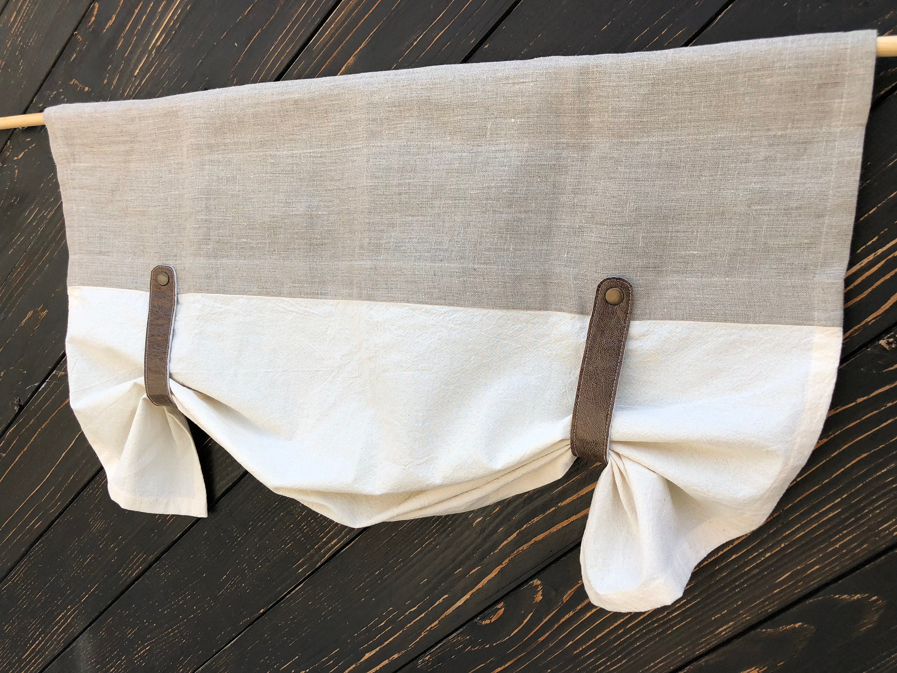 Linen Curtains Kitchen Valance Faux Leather Tie Up Country | Etsy