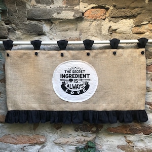 Kitchen Burlap Valance Cottage  Black Ruffle Curtains Rustic French Country Window Treatment Cafe Curtains Burlap Primitive Farmhouse Decor