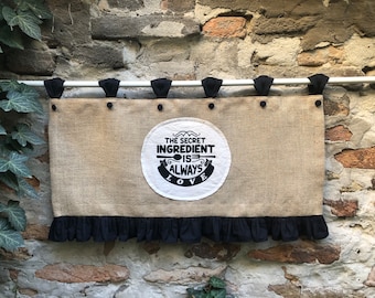 Keuken jute volant cottage zwarte ruches gordijnen rustiek Frans land venster behandeling café gordijnen jute primitieve boerderij decor