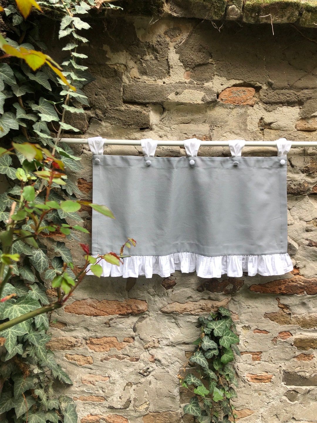 French Country Valance in Gray Cotton With White/beige Ruffle Farmhouse ...