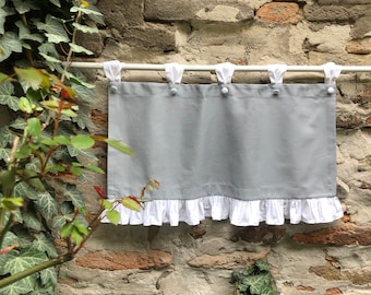 Tende da caffè con passanti extra larghe in stile country francese, in cotone grigio con volant bianco/beige, per finestre in stile fattoria, in misure personalizzate