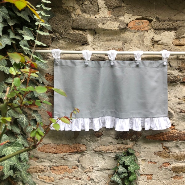 French Country Valance in Gray Cotton with White/Beige Ruffle Farmhouse Extra Wide Window Treatment Tab Top Cafe Curtains in Custom Size