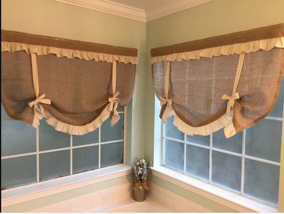 Burlap Curtains Ruffled Country Kitchen Tie Up Valance Rustic Primitive Window French Country Farmhouse Curtain Living Room Ruffle Blind