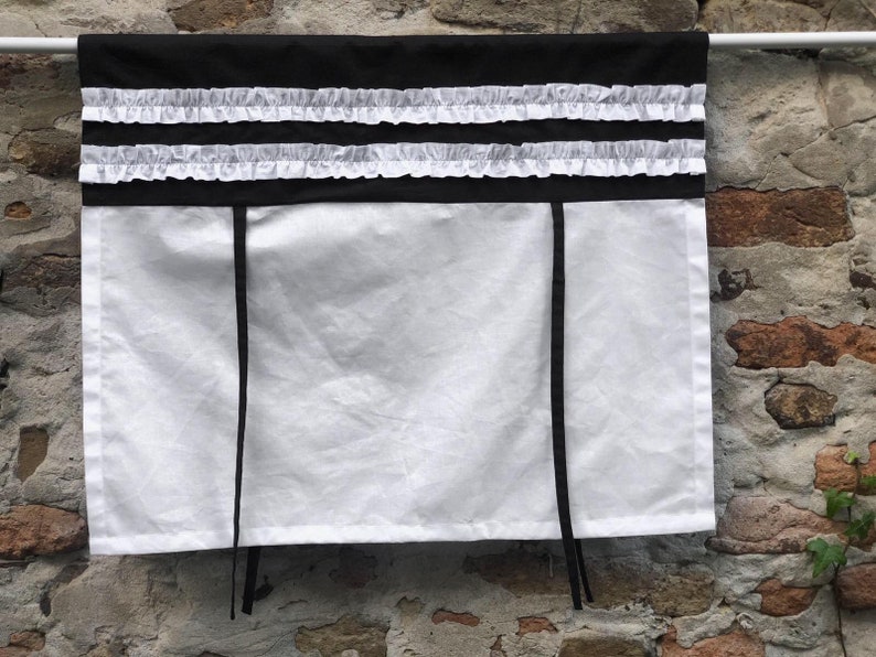 Black and White Valance Ruffled Curtains Cottage Kitchen Tie up ...