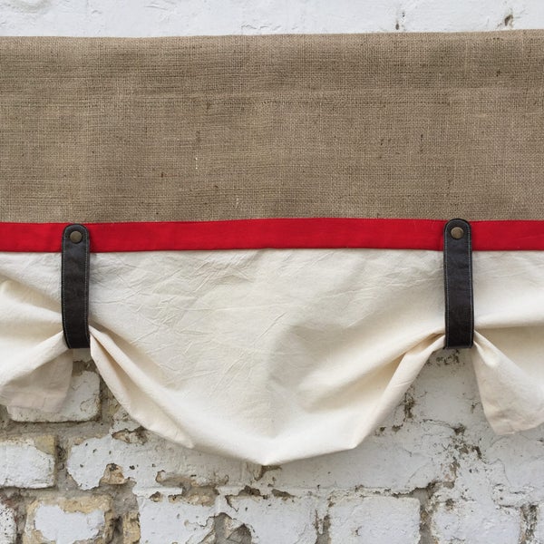 Natural Burlap Valance with Faux Leather Tie Ups - Red Stripe Country Nursery Curtain - Modern Farmhouse Rustic Window Valances Custom Size