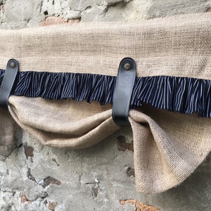 Burlap Curtain With Black Ticking Ruffle Kitchen Valance Faux Leather Tie Up French Country Rustic Farmhouse Primitive Farmhouse Valance