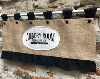Laundry Sign Valance Burlap Custom Size Curtain Cottage Country Window Treatments Modern Farmhouse Tab Top Cafe Curtains Black Ruffled