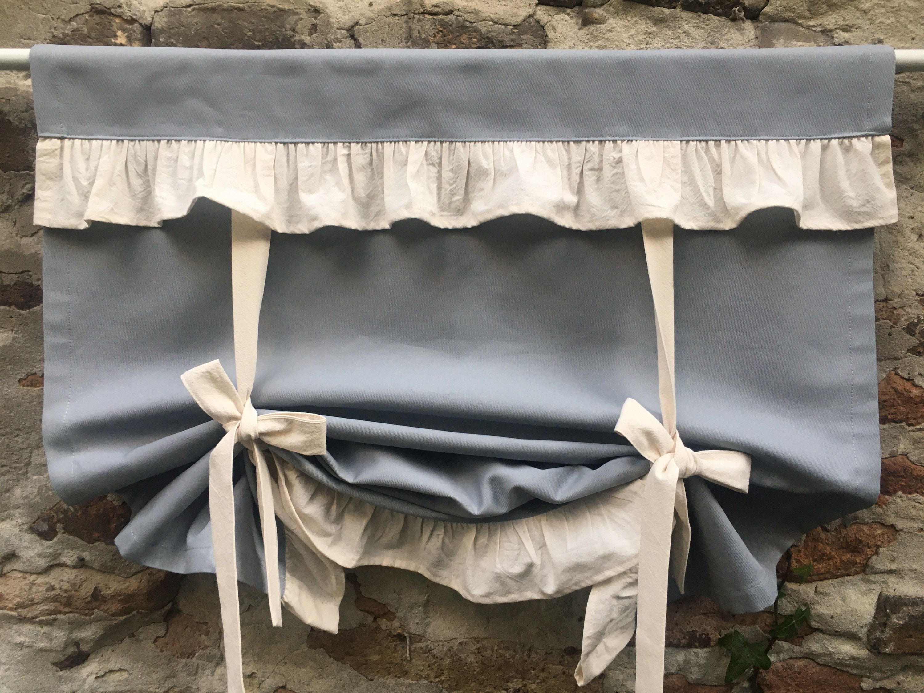 Grey Cotton Curtains Ruffled Country Kitchen Tie up Valance Etsy