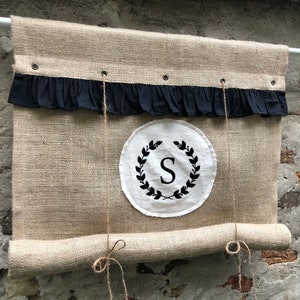 Rideau en toile de jute à enrouler avec oeillets noirs, lettre personnalisée, rideau à enrouler pour fenêtre de ferme moderne avec abat-jour en jute