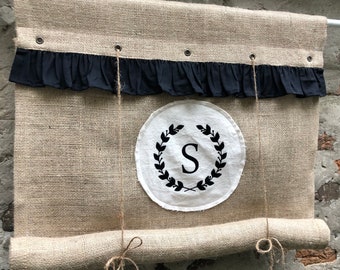Roll Up Burlap Curtain with Black Ruffle Custom Letter Modern Farmhouse Window Blind Tie Up Curtain with Grommets  Roll Up Jute Shade