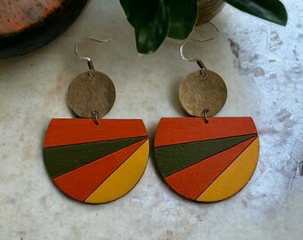 Boho Wooden Geometric Earrings, Earthy Tones Earrings, Hand Painted Jewelry, Muted Colored Earrings