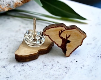 Mini Wood Deer Stud Earrings State of South Carolina Wooden Earrings