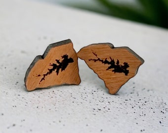 Mini Wooden Stud Earrings - Lake Murray South Carolina SC Engraved