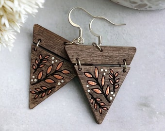 Wood Earrings- Hand Painted Florals - Dark Walnut Finish