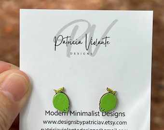 Lime Wood Stud Earrings Hand Painted Fruit Stud Earrings Laser Cut Wood Jewelry