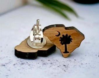 Mini Wood Stud Earrings - South Carolina State Engraved SC Gift