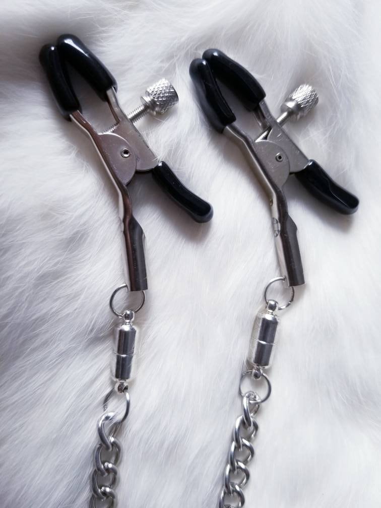Mature- Magnetic Nipple Clamps Silver Chain body jewelry, nipple BDSM Toy Kink Fetish Nipple Play Bondage Body Clamps Erotic Wear, Sexy toys