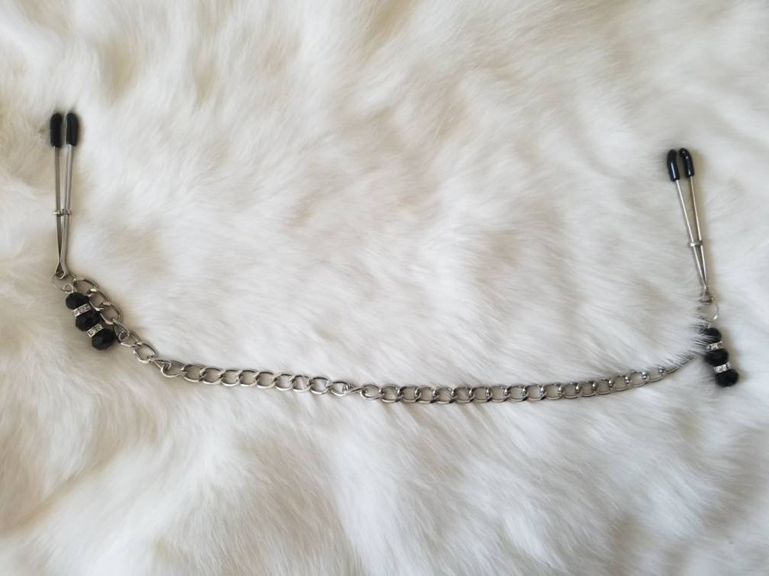 Mature- Nipple Clamps With Silver Chain and Pearl, BDSM Toy Kink Fetish