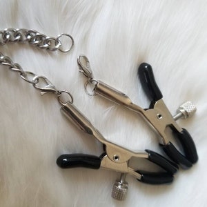 Mature-Nipple Clamps with Silver Chain - Adjustable Rubber Nipple Clamps - Intimate Accessory for Couples - Handmade Adult Toy -Sensual Gift