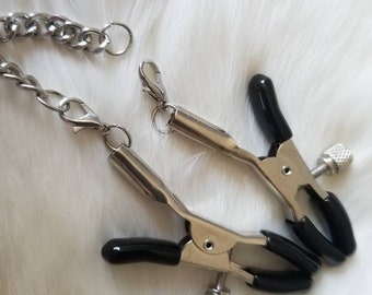 Mature-Nipple Clamps with Silver Chain - Adjustable Rubber Nipple Clamps - Intimate Accessory for Couples - Handmade Adult Toy -Sensual Gift
