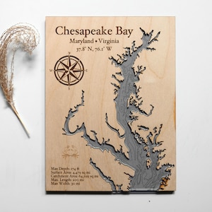 Chesapeake Bay Lake Depth Contour Sign, Carte en bois, Cadeau de pendaison de crémaillère, Lake Signs,