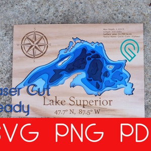 Carte de profondeur du lac Supérieur fichier numérique - SVG, PDF, PNG - Laser Cut, Glowforge