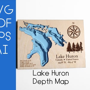 Archivo digital Mapa de profundidad del lago Huron - SVG, PDF, PNG - Laser Cut, Glowforge