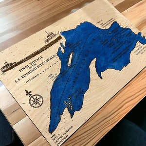 Mapa de madera del lago Superior de Edmund Fitzgerald, regalo de inauguración de la casa, letreros náuticos del lago, mapas antiguos, ruta de navegación