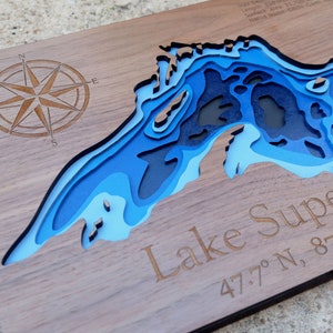 3D Holzschild Lake Superior, Holzkarte, Housewarminggeschenk, Seeseite