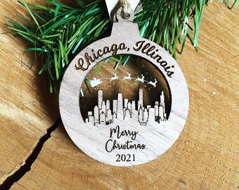 Skyline Christmas Ornament with Santa and his Reindeer, Engraved Ornaments, Neighbor Gift - Cityscape St. Louis, Chicago, Cleveland, Custom