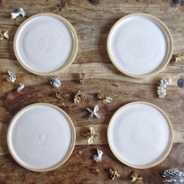 Set of Four Plates in White and Sandstone, Handthrown Stoneware Side Plates, Hygge, Boho, Handmade Pottery, Salad, Tapas, Cake Plates