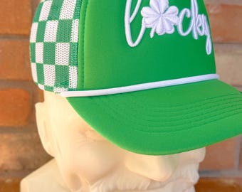 Lucky 3D Puff Foam Green Checkered Mesh Trucker Hat, Embroidered Hat