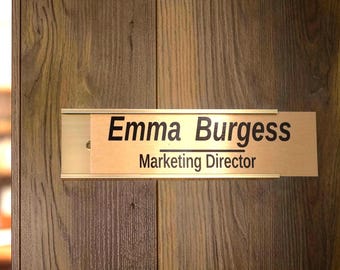 Custom Door Nameplate Sign + Metal holder, slide changeable Office name Job Title Gold plaque F2