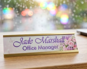 Custom Desk Name Plate Purple Roses & Butterfly's, glam work bestie gift for her, Office Decor Desk Accessories, women Personalised Present