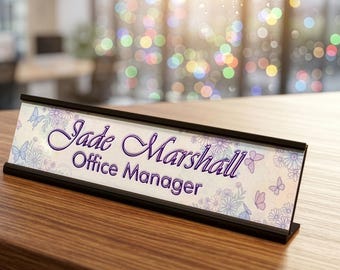 Personalised Desk Name Plate Butterfly Daisy Office Sign Pretty Floral Plaque Custom Nameplate & Stand Gift for Her Cute Decor Purple  UK