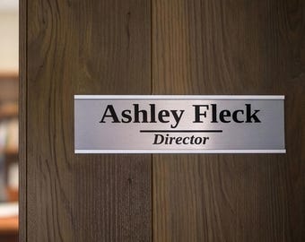 Door name plate 2 line Personalised slide-in Sign & Metal holder, Custom changeable Office Door nameplate and Job Title, Brushed Aluminum F2