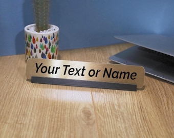 Custom Name Desk Plate, Personalized Metal Nameplate with small plastic Holder- Font 5 black & gold finish