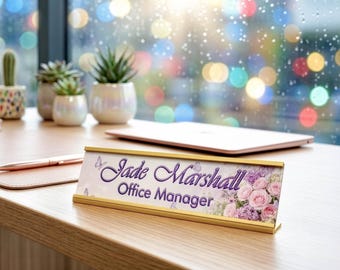 Chic Desk Nameplate Roses Butterfly Purple Feminine coworker gift for Her