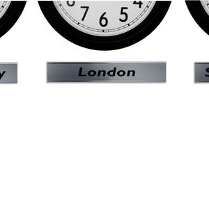 May include: A collection of black and white clocks, each showing the time. Underneath, silver nameplates display city names: London, San Francisco, and another city. The image is set against a plain white backdrop.