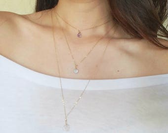 Precious Stone Delicate Necklace, 14k Gold Filled,Gifts for her, Bridesmaid,Wedding Party,Amethyst,Aquamarine,Quartz,Aventurine,Glass Stone