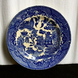 May include: A blue and white porcelain plate with a traditional willow pattern. The plate features a stylized landscape with a bridge, a pagoda, and a willow tree.