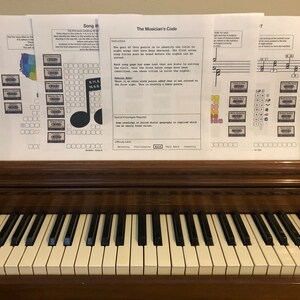 May include: A piano keyboard with a sheet of paper on top. The paper has a musical note and the words "The Musician's Code" printed on it.