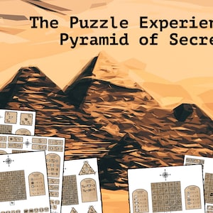 Op de afbeelding: Een set met printbare puzzelbladen met een woestijnlandschap als achtergrond. De tekst "The Puzzle Experience Pyramid of Secrets" staat bovenaan de afbeelding. De puzzelbladen bevatten verschillende geometrische vormen en getallen.