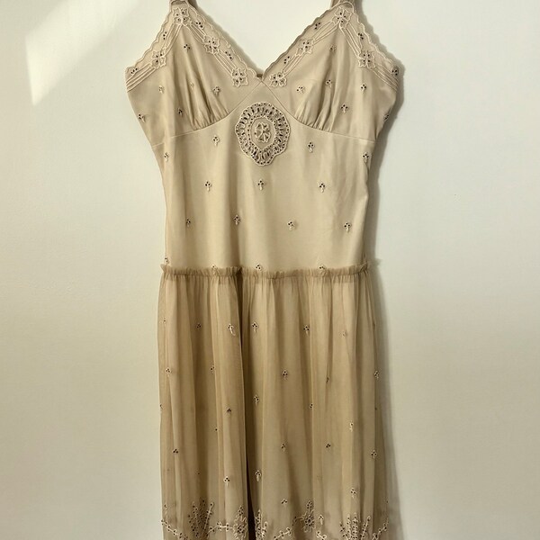 Vintage Hand Beaded + Embroidered Newport News Cream Colored Dress Women’s Small