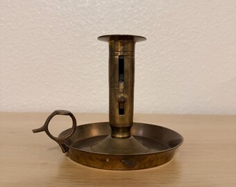Antique 19th Century Brass Push-Up Candlestick Holder – Adjustable Chamber Candle Holder – Primitive Colonial Lighting