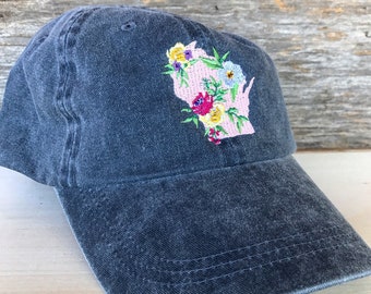 Wisconsin Floral Hat - Custom Embroidered Hat - Floral Embroidered - Embroidered Baseball Hat - Women's Hat